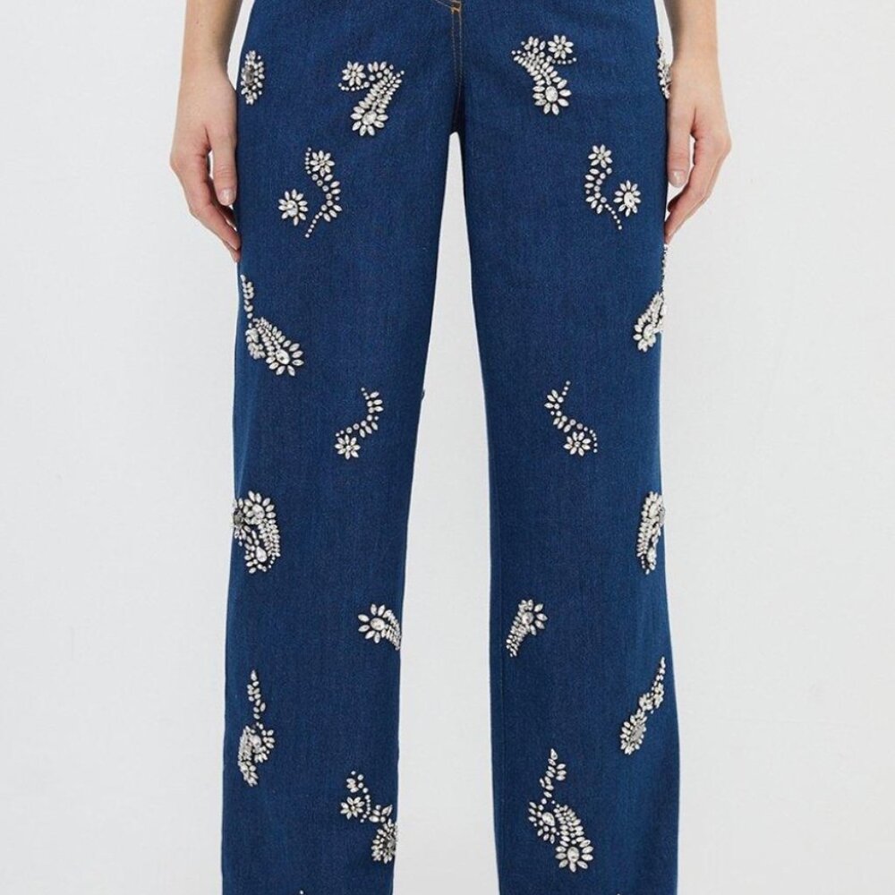 Embellished Mid Rise Straight Leg Denim Jeans